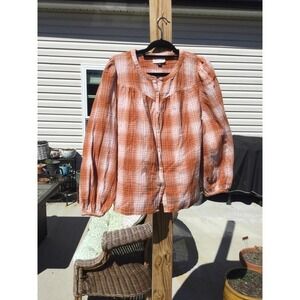 Universal thread size large orange plaid long sleeve shirt L gingham yoke puff